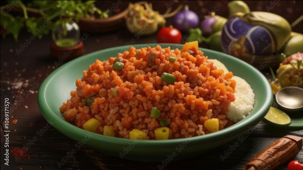 Dish with rice and vegetables on a beautiful plate. Dish with rice and vegetables on a beautiful plate.