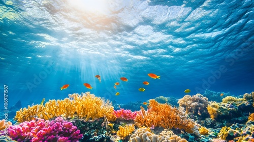 A vibrant coral reef teeming with colorful fish and diverse marine life, set against crystal clear ocean water photo