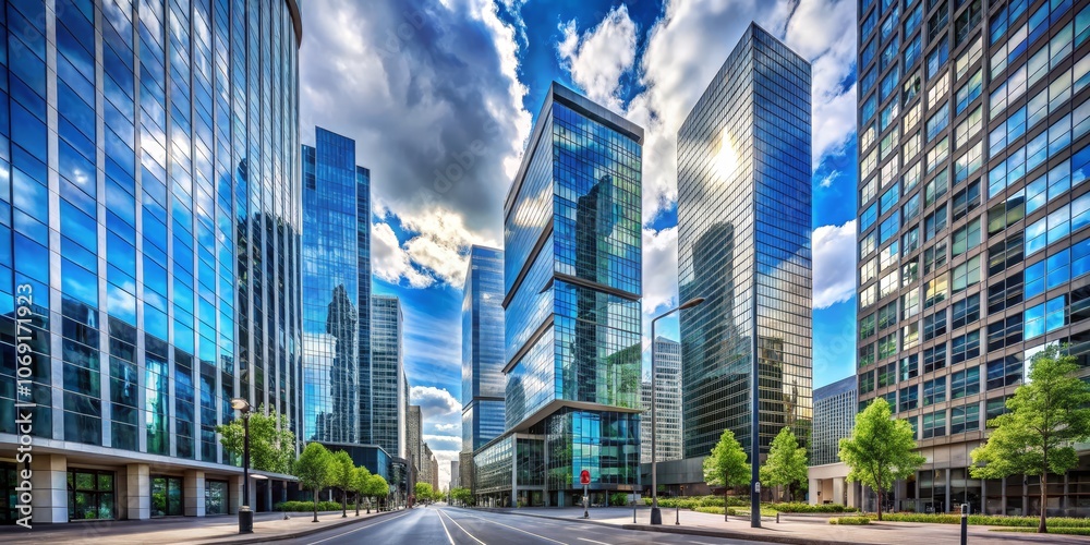 Fototapeta premium Glass Skyscrapers Reflecting Blue Sky and Clouds, Composition Wide Shot, Image Details Cityscape, Concept Modern Architecture, cityscape, urban