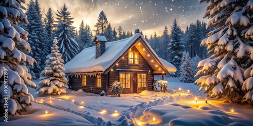 Cozy Winter Cabin Amidst Snowy Forest, Digital Painting, Snowy Cabin, Pine Trees, Lights, Winter Wonderland, Christmas Cabin