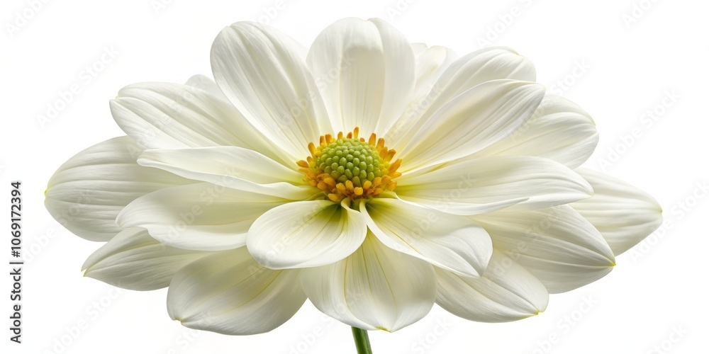 Closeup of a White Dahlia Flower with Green and Yellow Center, Flower Petals, Isolated Background, White Flower, Nature Photography, Macro Flower, Floral Photography Closeup of a White Dahlia Flower with Green and Yellow Center, Flower Petals, Isolated Background, White Flower, Nature Photography, Macro Flower, Floral Photography