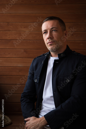 Handsome man with pensive look wearing casual smart clothing looking up to the side with tilted head tilted as lifestyle businessman portrait with wooden wall on background