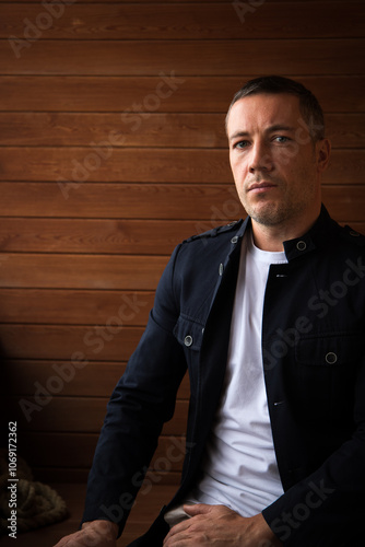 Handsome man in smart casual suit looking at camera as lifestyle businessman portrait with planked wooden wall on background