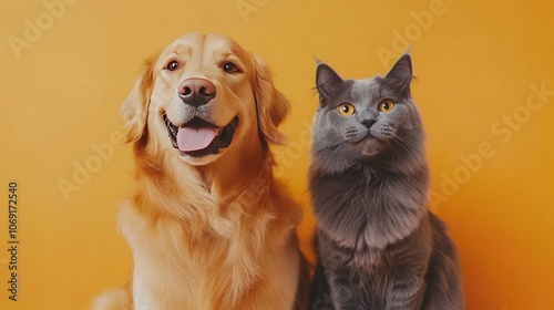 Golden Retriever and Gray Cat on an Orange Background