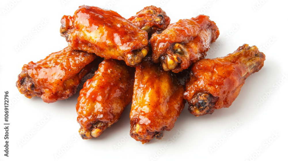 A pile of spicy chicken wings coated in a glossy sauce, ready to be served.