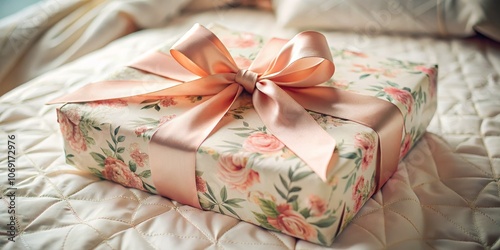 A Delicate Gift Box on a White Fabric, Floral Pattern, Pink Bow, Gift Wrapping , gift, present, occasion