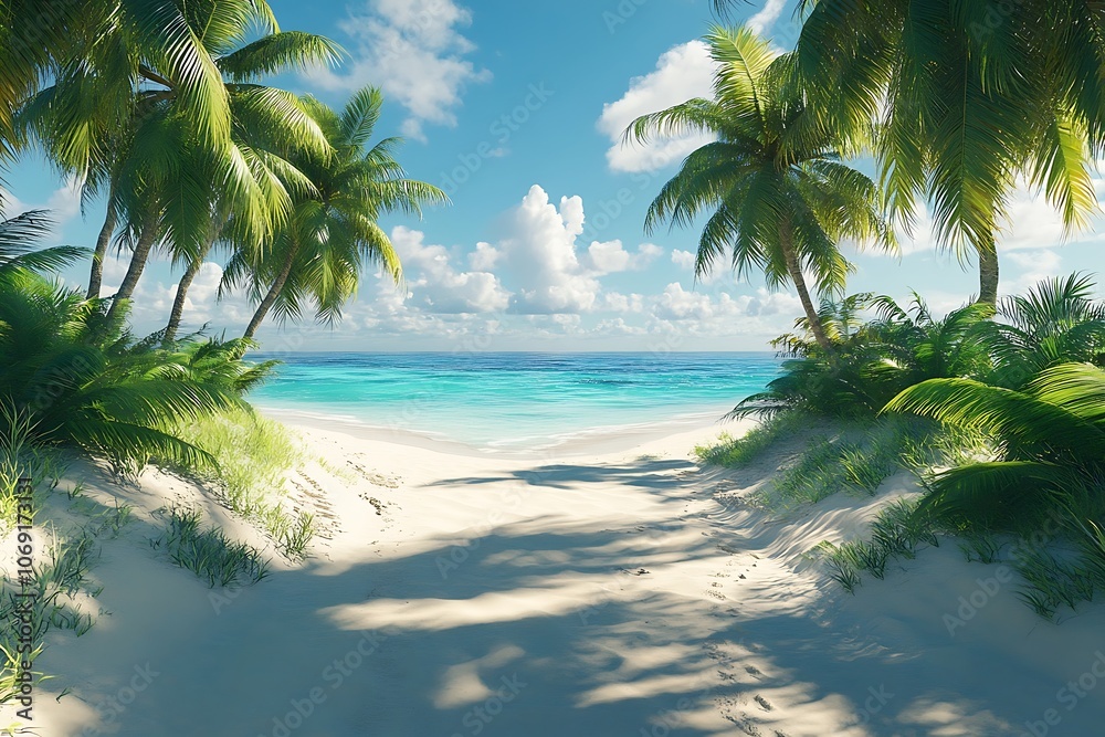 Obraz premium Secluded Tropical Beach Path with Footprints and Palm Trees