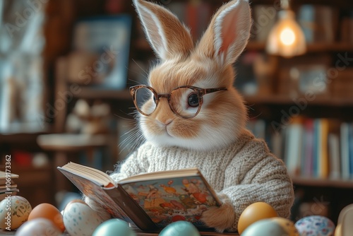 Wise easter bunny librarian reading in cozy library setting