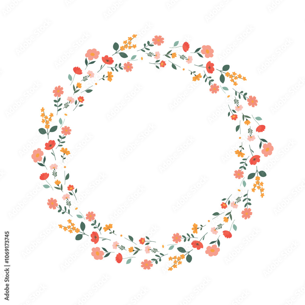 Botanic round frame in flat style. Childish style border of bouquet. Floral wreath isolated on white background. Spring flowers frame. Vector illustration Botanic round frame in flat style. Childish style border of bouquet. Floral wreath isolated on white background. Spring flowers frame. Vector illustration