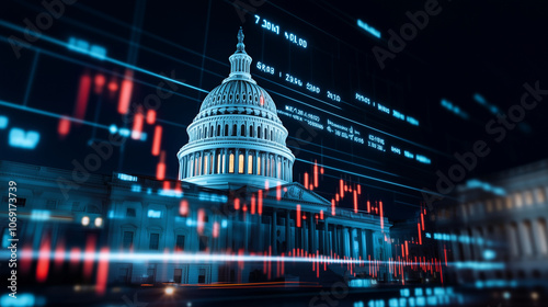 The Capitol Building surrounded by digital graphs and currency symbols, indicating the relationship between government actions and market trends.