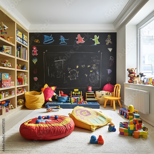 A vibrant kids' room bursting with colorful furniture, a playful chalkboard wall, and an array of toys, creating an engaging and lively environment for children to play and learn. photo