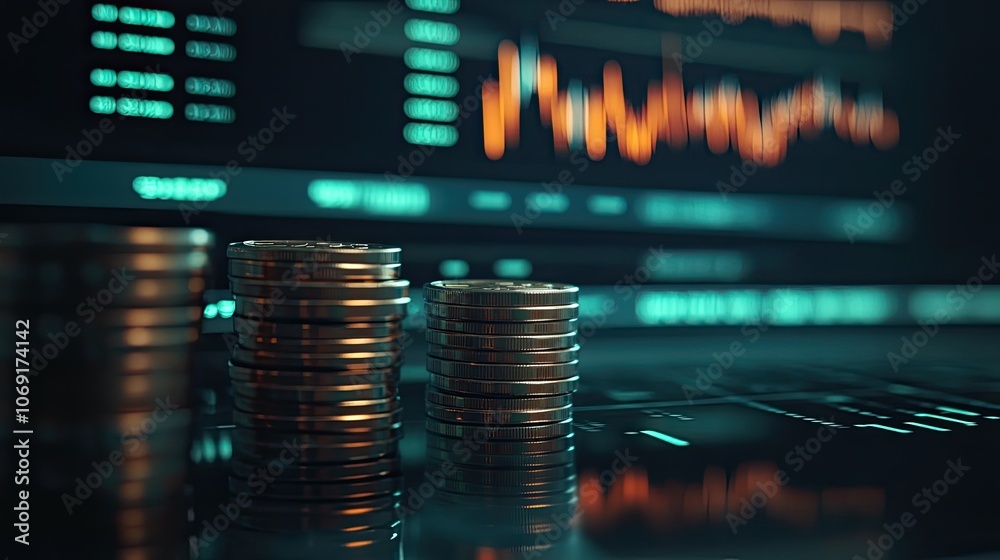 Close-up of a computer screen with stock market graphs and charts, coins stacked at the base, representing market fluctuations Close-up of a computer screen with stock market graphs and charts, coins stacked at the base, representing market fluctuations