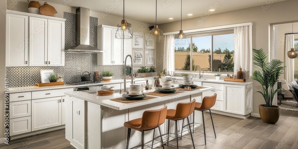 Modern Kitchen with White Cabinets, Island, and Brown Leather Bar Stools Modern Kitchen with White Cabinets, Island, and Brown Leather Bar Stools