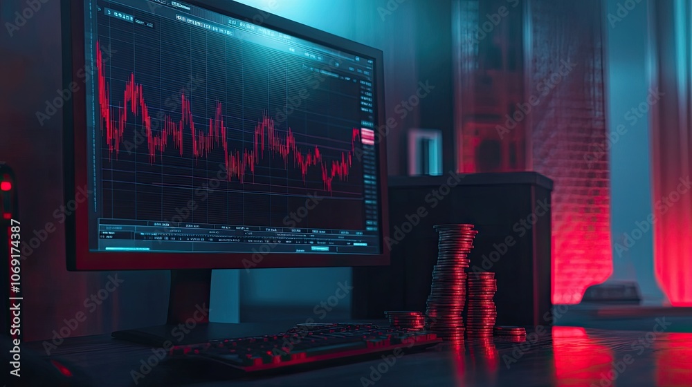 Computer monitor with stock charts, coins stacked in front representing financial concepts Computer monitor with stock charts, coins stacked in front representing financial concepts