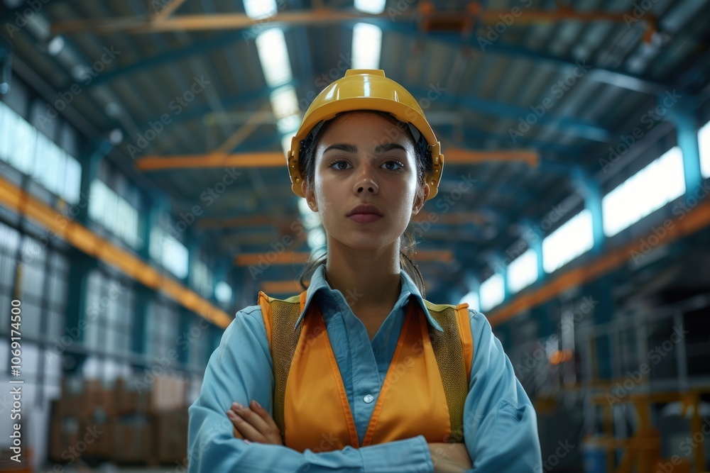 Portrait Indian woman worker supervisor with engineer safety suit work in large factory warehouse Portrait Indian woman worker supervisor with engineer safety suit work in large factory warehouse