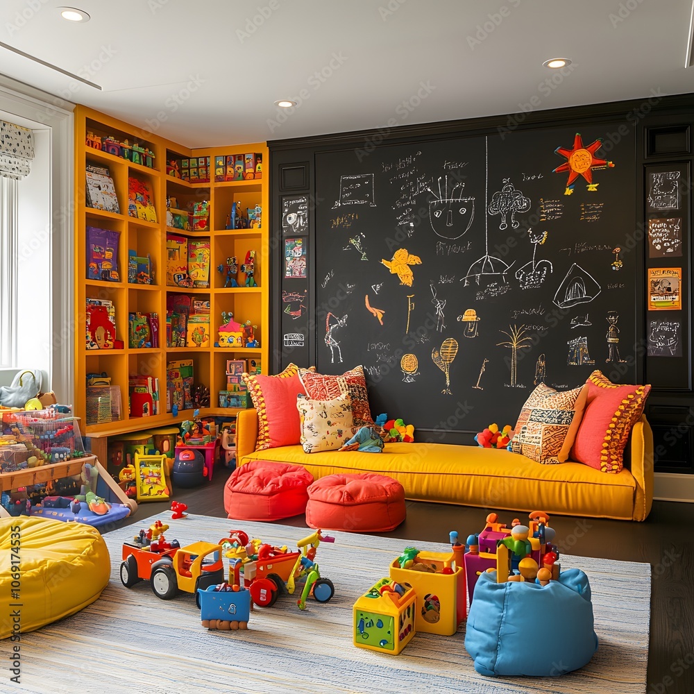 Naklejka premium A vibrant kids' room filled with colorful furniture, a chalkboard wall for creative drawing, and an abundance of toys, creating an engaging and playful environment for children.