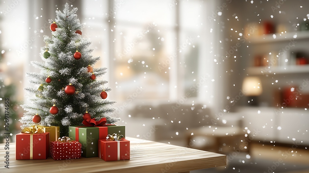 Snow covered Christmas tree with festive presents in elegant living room : Generative AI Snow covered Christmas tree with festive presents in elegant living room : Generative AI