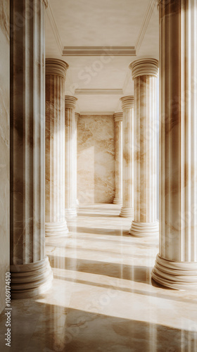 Sunlight is illuminating a hallway with marble columns and a shiny marble floor