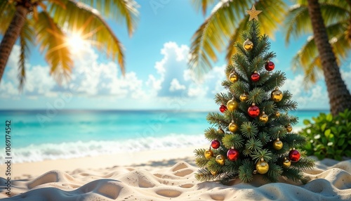 Christmas tree on a sandy beach, festive mood, decorated with ornaments, tropical background