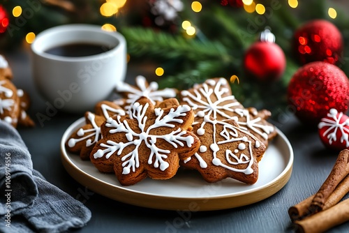 Christmas themed gingerbread cookies with decorative snowflake icing perfect for winter gatherings : Generative AI