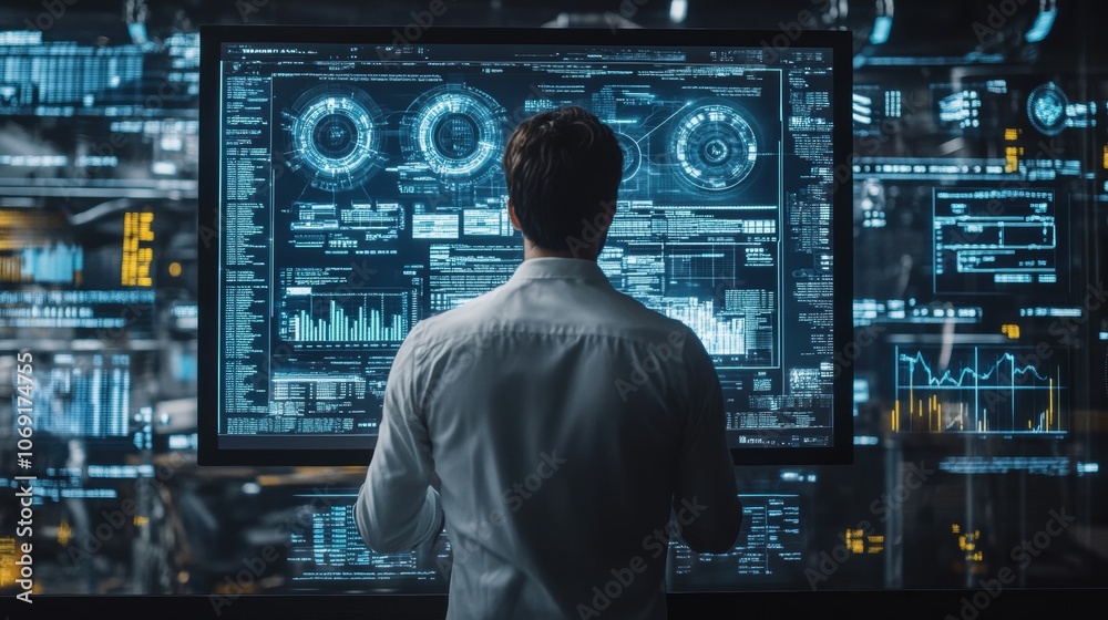 Businessman analyzing company financial and monitoring kpi data on computer screens Businessman analyzing company financial and monitoring kpi data on computer screens