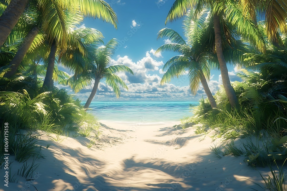 Sunlit Palm Trees Frame Secluded Beach Path Sunlit Palm Trees Frame Secluded Beach Path