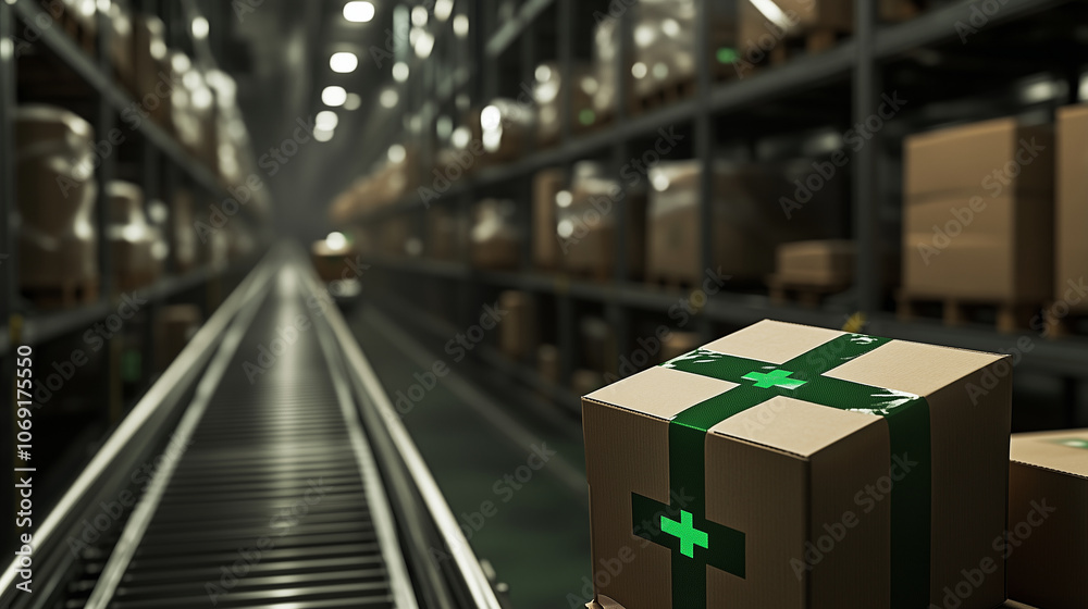 A warehouse with neatly stacked medical boxes, featuring a green-crossed box traveling on a conveyor, showcasing efficient healthcare supply. A warehouse with neatly stacked medical boxes, featuring a green-crossed box traveling on a conveyor, showcasing efficient healthcare supply.