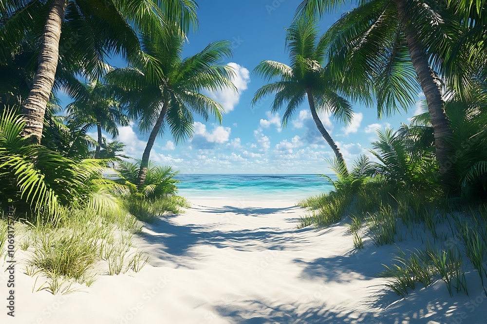 Obraz premium Sunlit Path Through Palm Trees to Turquoise Sea