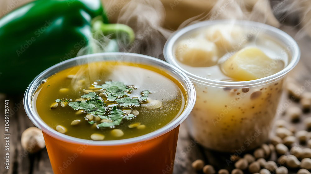 Steaming Soups in Green Plastic Cups with Bell Pepper Background Steaming Soups in Green Plastic Cups with Bell Pepper Background