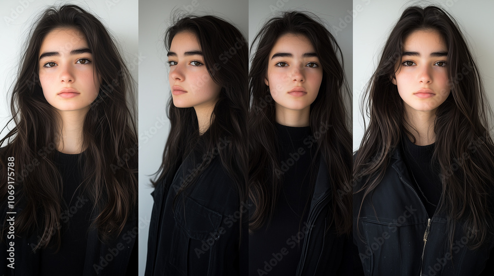 Fototapeta premium Collage of 4 Portrait Photos of a Girl with Wavy Hair 