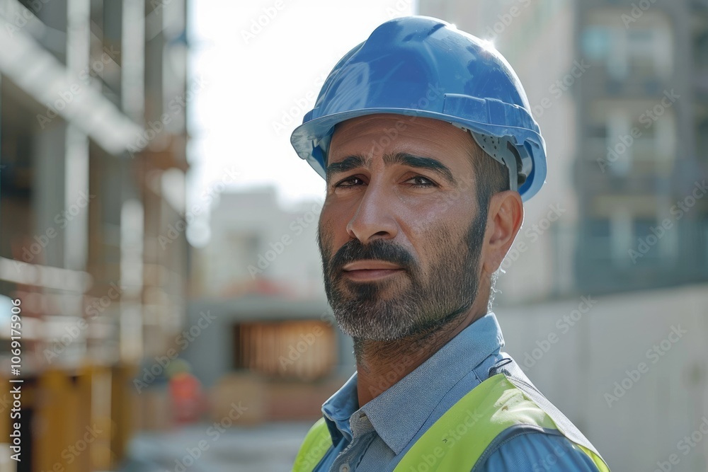 Confident construction manager in safety gear at site. Confident construction manager in safety gear at site.