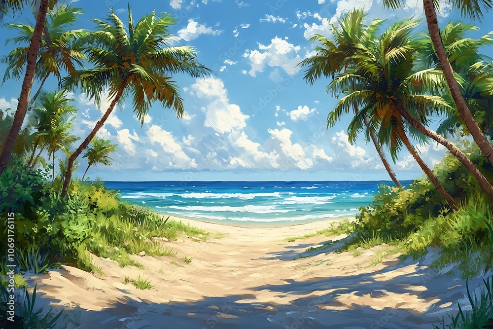Obraz premium Sunlit Tropical Beach Path with Lush Palms