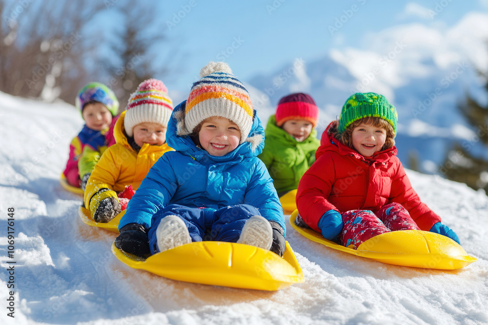 A group of kids sledding down a snowy hill A group of kids sledding down a snowy hill