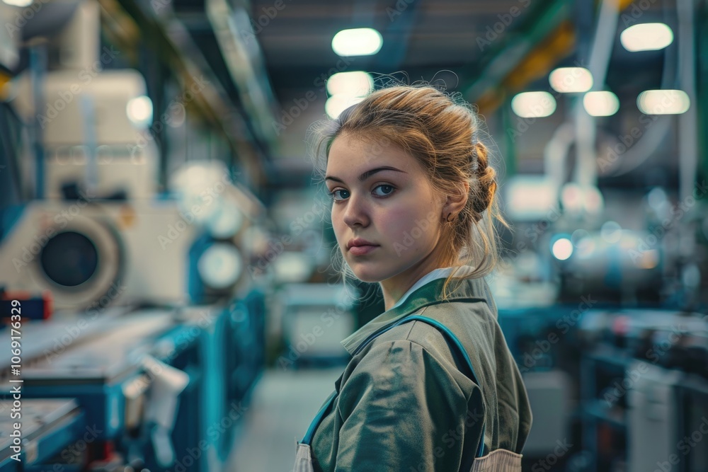 Pretty female student doing practical work at factory