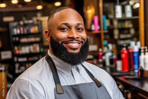 Middle-aged African barber providing a haircut in a trendy, modern barbershop.