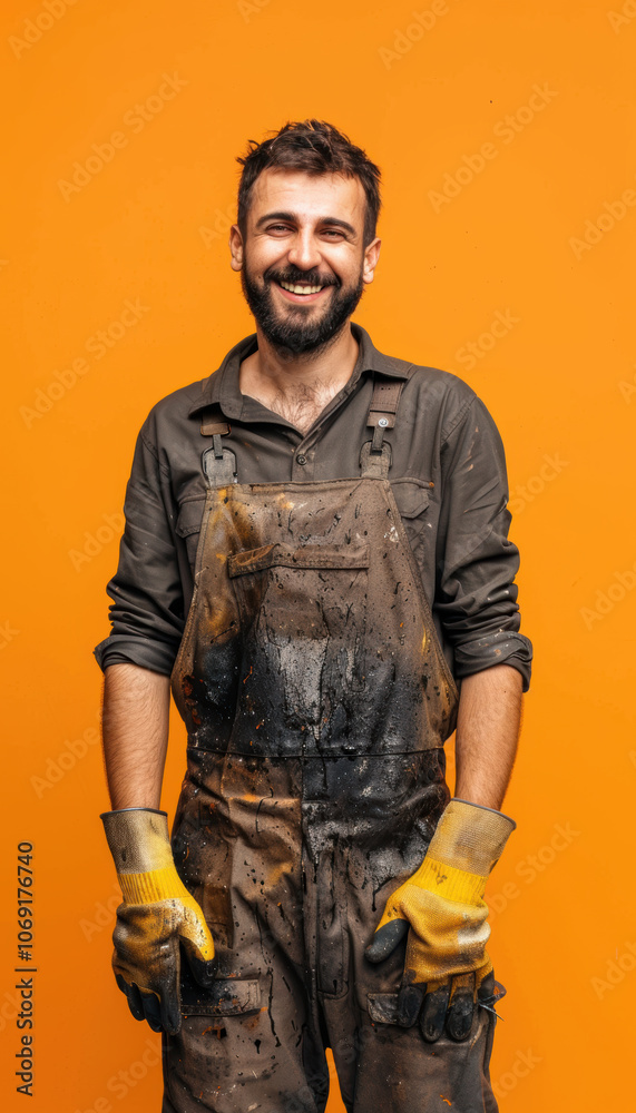 Satisfied Maintenance Worker Standing Proud in Oil-Stained Overalls Against Vibrant Orange Background Satisfied Maintenance Worker Standing Proud in Oil-Stained Overalls Against Vibrant Orange Background