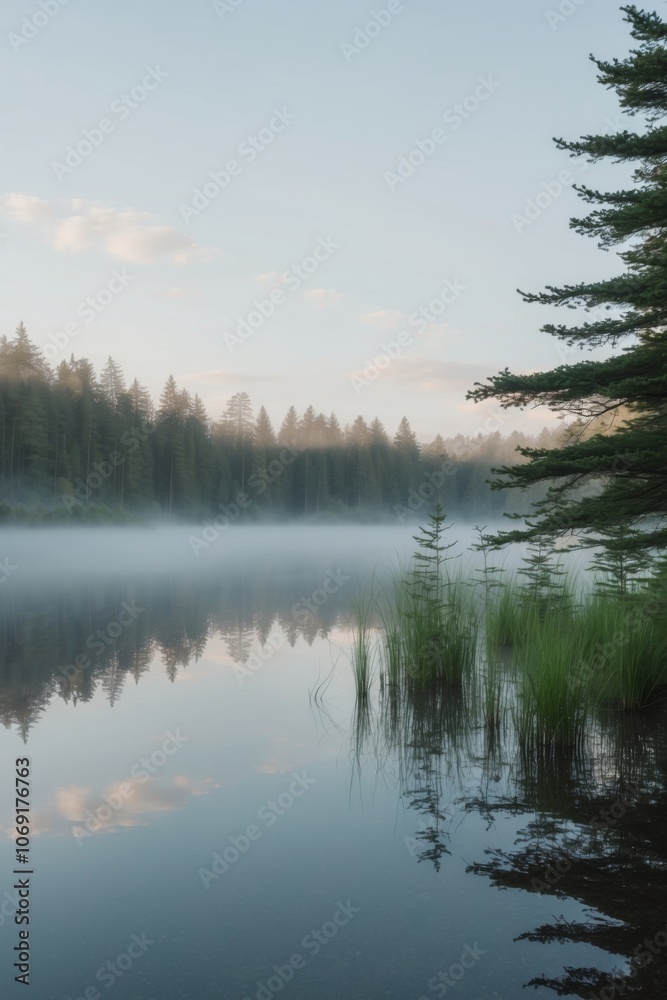 Misty Morning on a Still Lake Surrounded by Evergreen Trees.