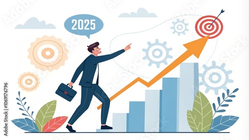 A businessman walks up a growing graph towards a target, symbolizing achieving goals, ambition, progress, growth, and success in 2025.