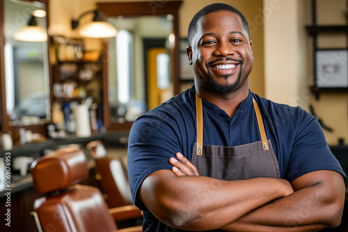 Middle-aged smiling African barber in blue shirt and apron providing a haircut in a trendy, modern barbershop.