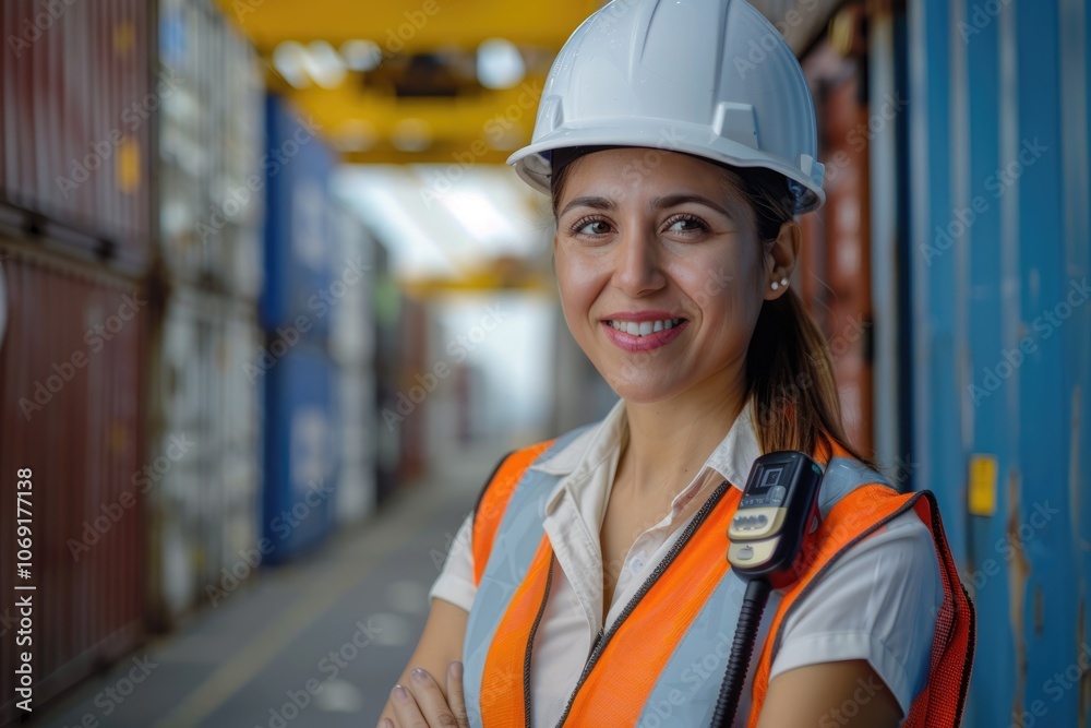 Hispanic female engineer in safety gear at logistics center. Hispanic female engineer in safety gear at logistics center.