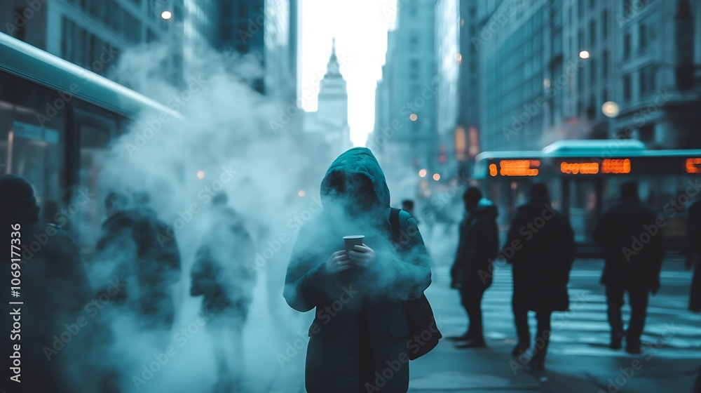 Obraz premium Anonymous Pedestrian Using Smartphone on Busy Street with City Lights : Generative AI