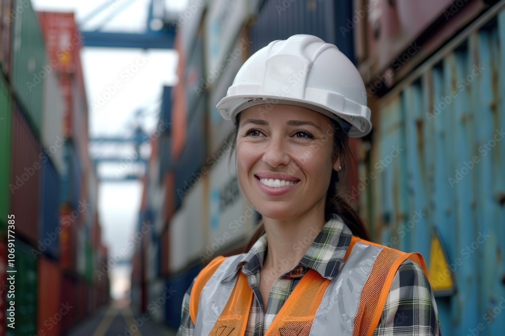 Latin female engineer in hard hat working in container terminal. Latin female engineer in hard hat working in container terminal.