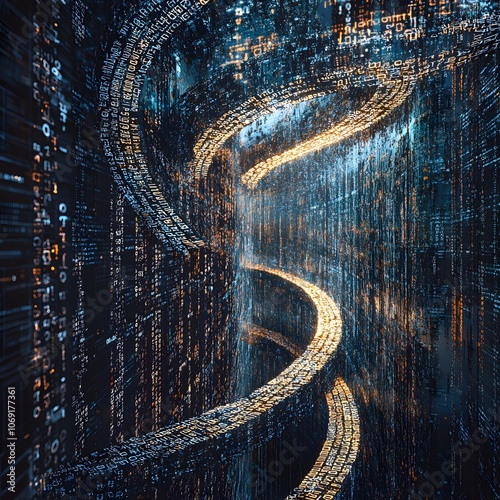 A visually striking image depicting data streams transformed into intricate patterns of encrypted symbols photo