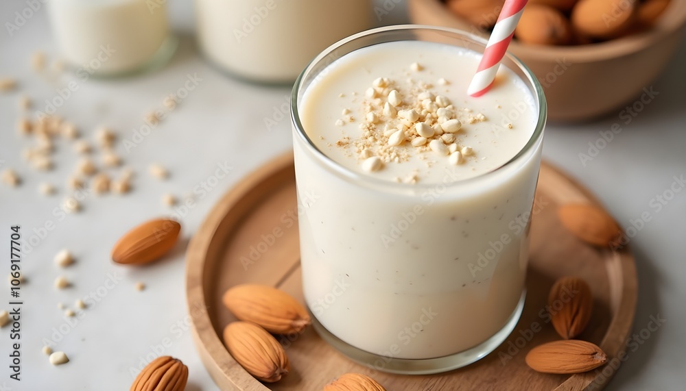 Healthy Almond Milk Smoothie with Natural Ingredients on Rustic Wooden Board Healthy Almond Milk Smoothie with Natural Ingredients on Rustic Wooden Board