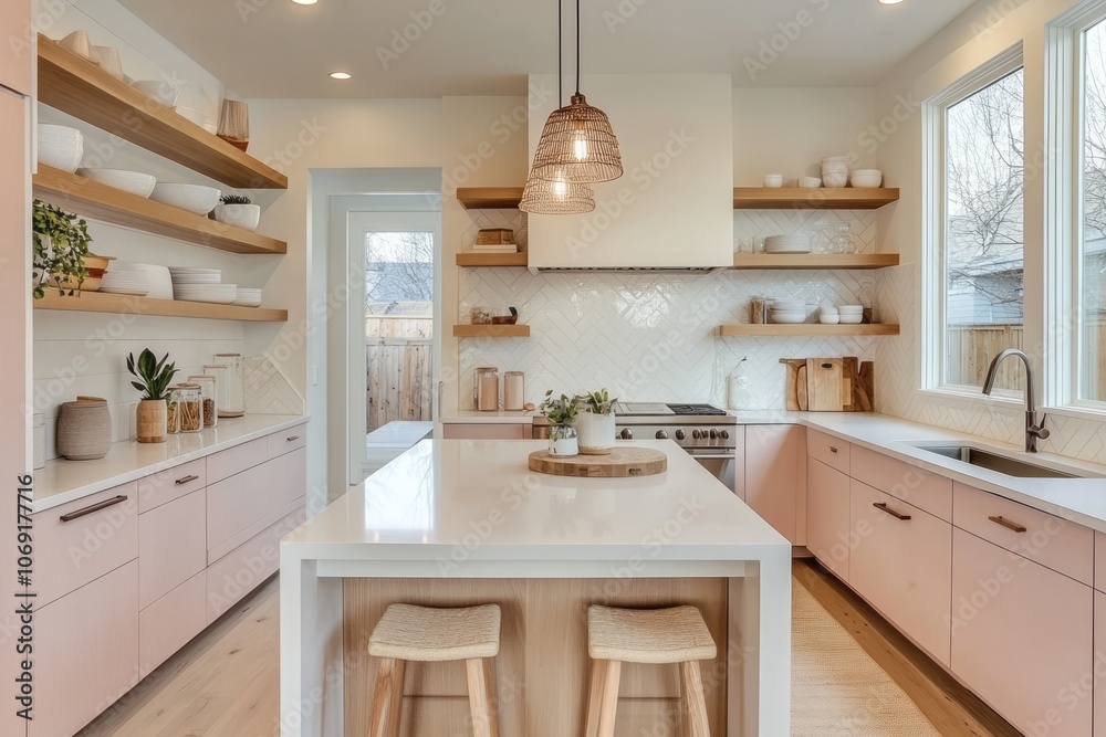 Modern Kitchen with Pink Cabinets, White Countertops, and Wooden Accents Modern Kitchen with Pink Cabinets, White Countertops, and Wooden Accents