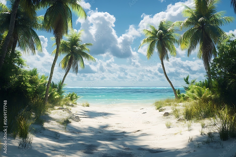 Obraz premium Sunny Tropical Beach Path with Palm Tree Shadows