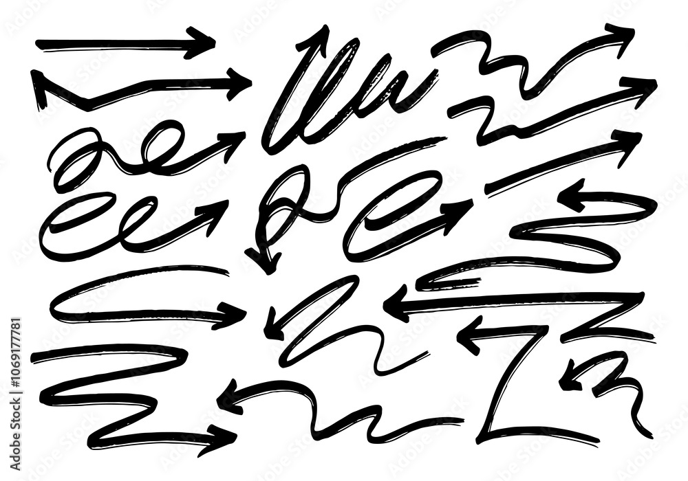 Arrows. Set of hand drawn grunge brush arrows. Vector illustration. Arrows. Set of hand drawn grunge brush arrows. Vector illustration.