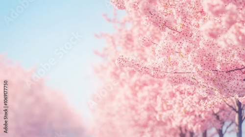 Cherry blossom trees in full bloom along a pathway, soft pink petals against a clear blue sky, peaceful spring setting, graphy photo