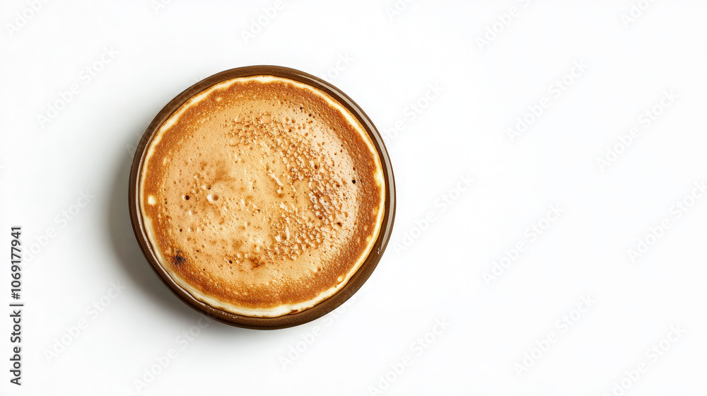 A close-up of a frothy coffee in a brown cup on a white surface. A close-up of a frothy coffee in a brown cup on a white surface.