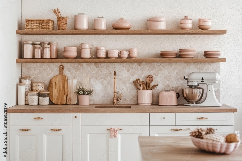 Modern Kitchen Interior with White Cabinets and Pink Accents Modern Kitchen Interior with White Cabinets and Pink Accents